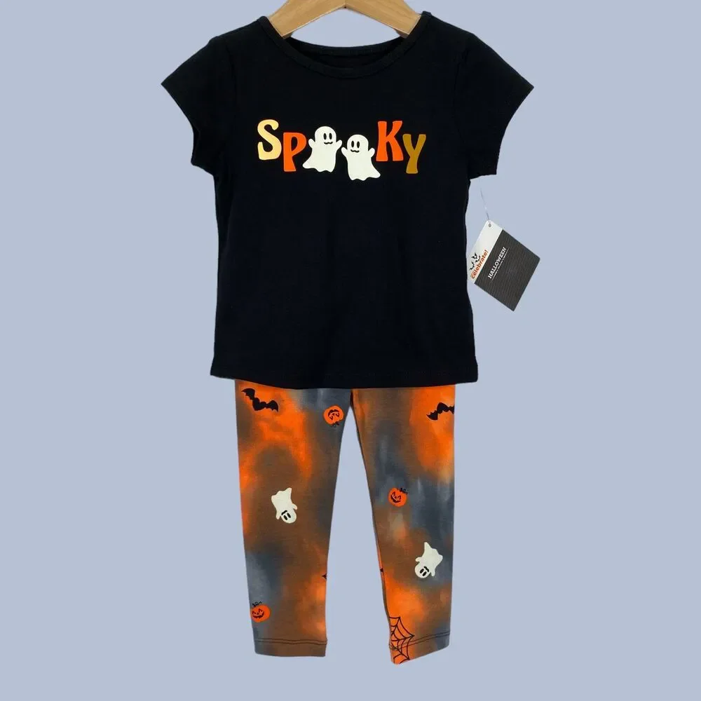 Halloween Girls Outfit 18 months Ghost Spooky T Shirt Leggings Black Orange NEW